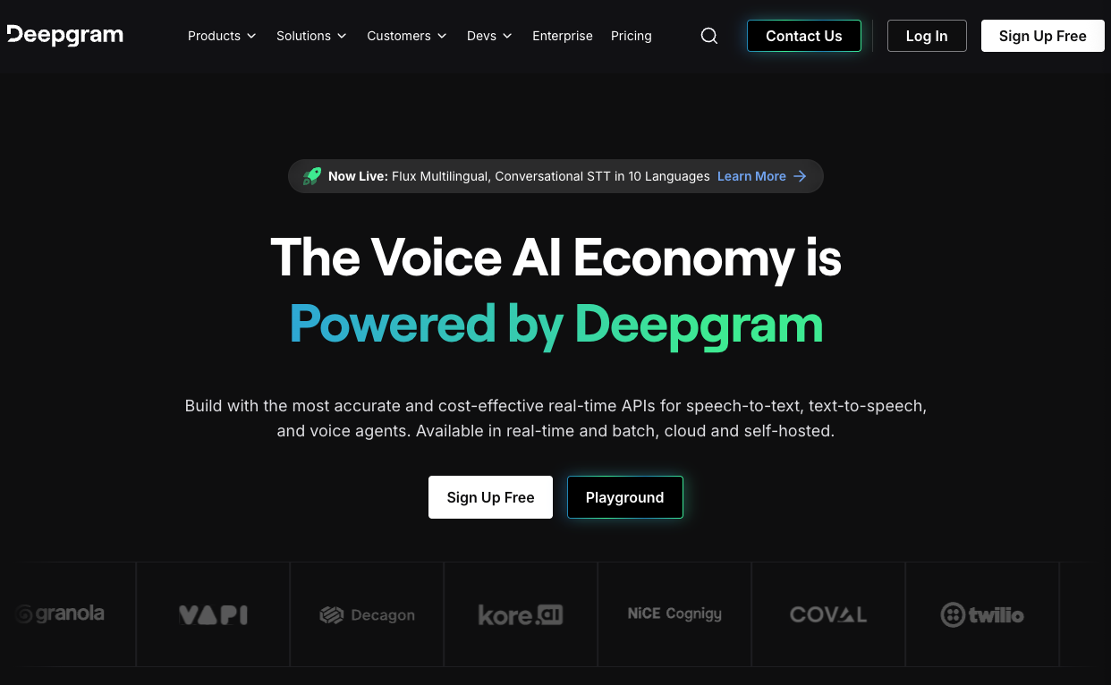 Deepgram homepage with the Sign Up Free button in the top-right