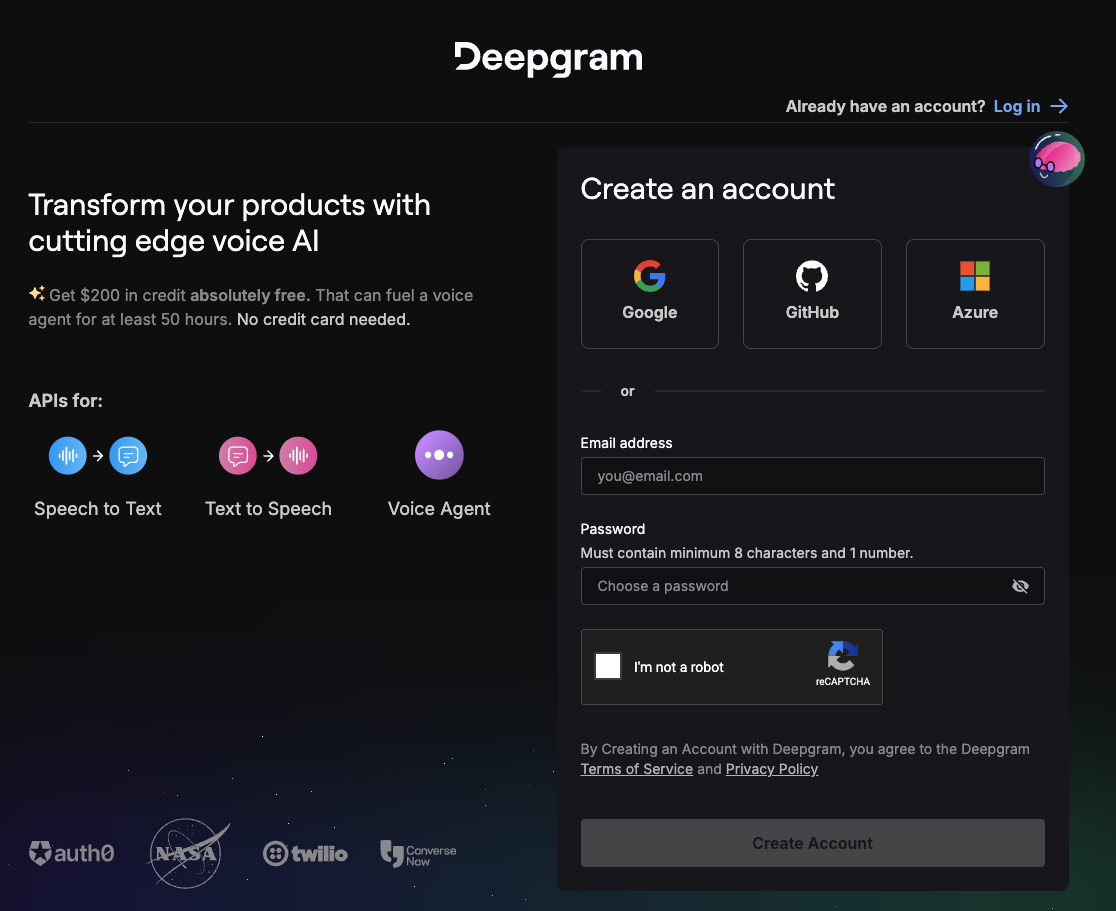 Deepgram account creation page with Google, GitHub, Azure, email, and password options