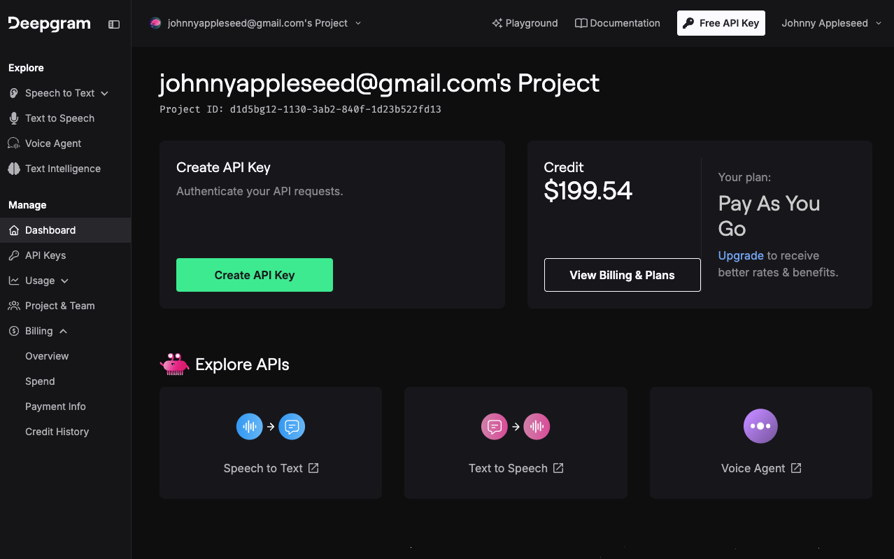 Deepgram project dashboard showing the Create API Key card, account credit panel, and billing navigation