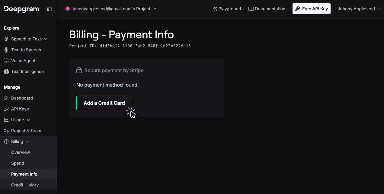 Deepgram Billing Payment Info page with an Add a Credit Card button