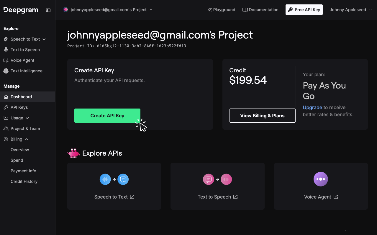Deepgram dashboard with the Create API Key button highlighted