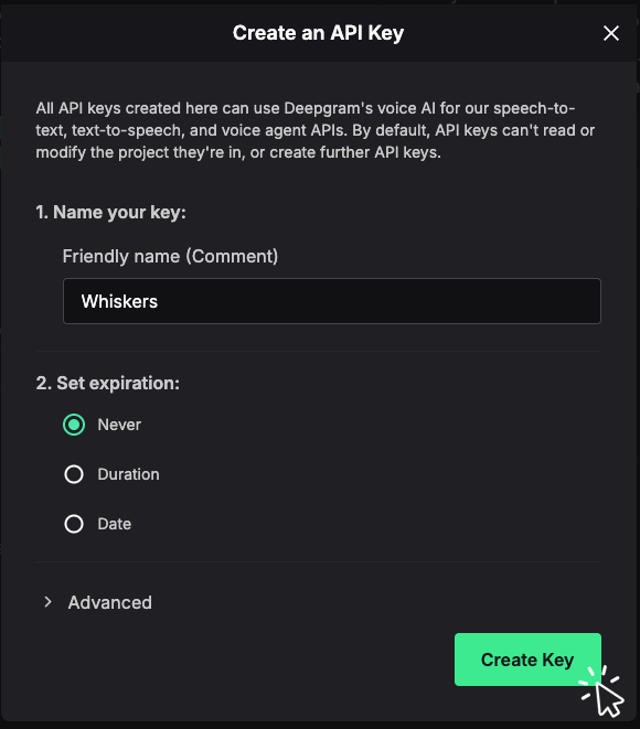 Create an API Key dialog with Friendly name set to Whiskers, Never expiration selected, and the Create Key button