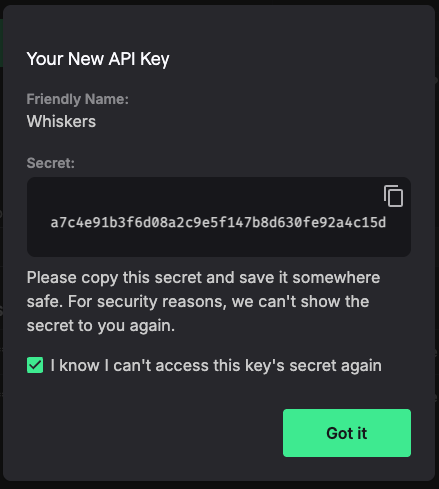 Deepgram new API key dialog showing the one-time secret, copy icon, confirmation checkbox, and Got it button