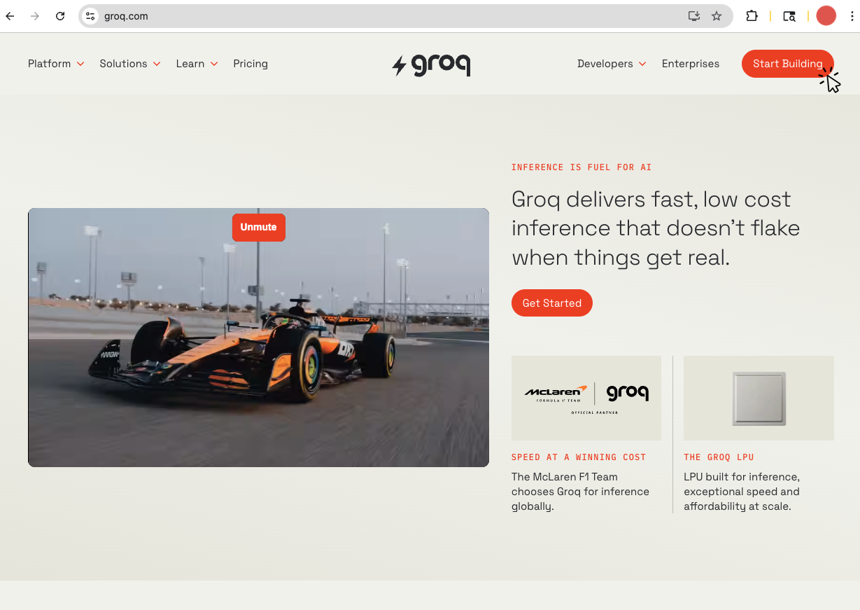 groq.com homepage with the Start Building button in the top-right