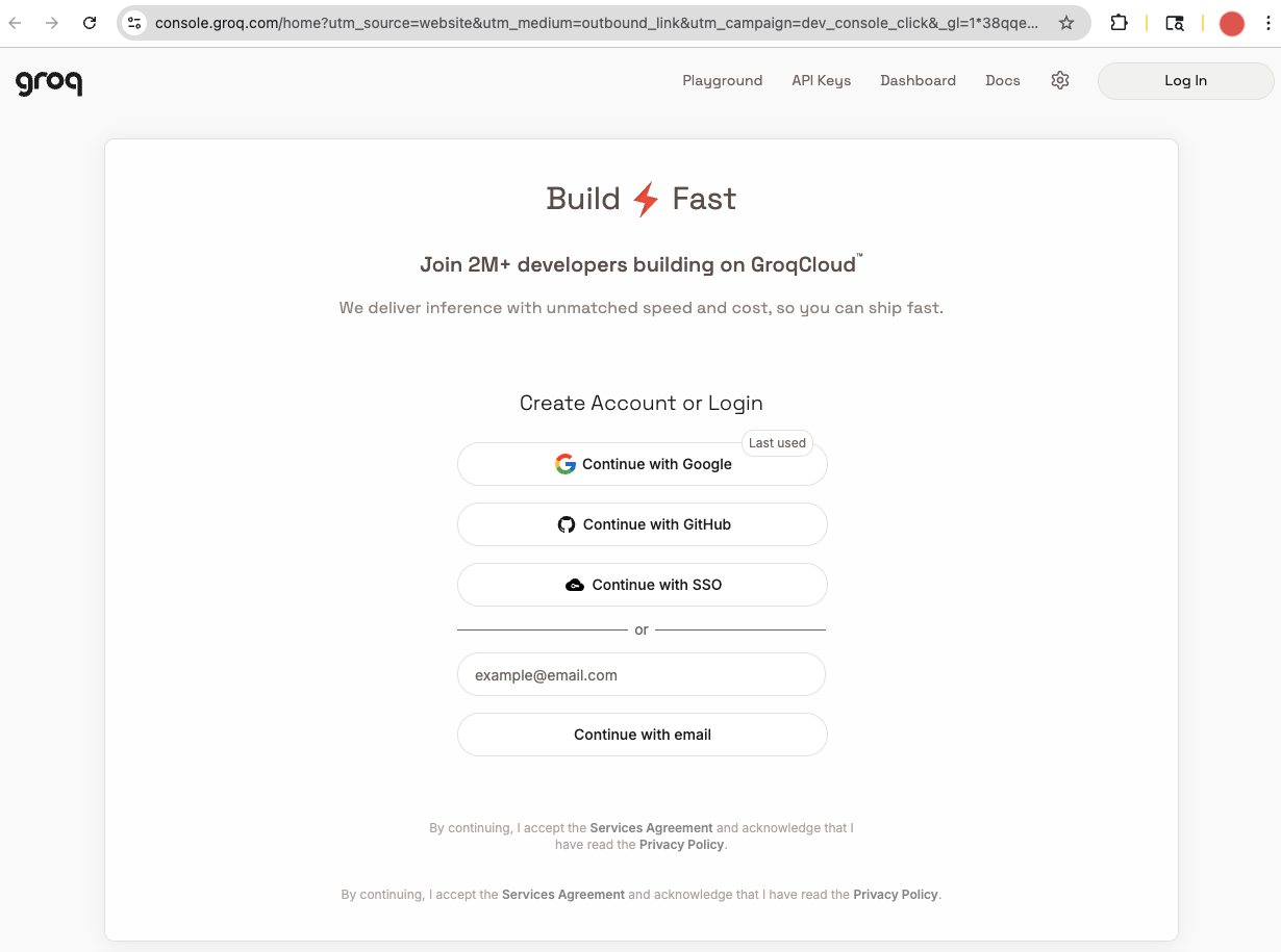 Groq Console login page with Google, GitHub, SSO, and email options