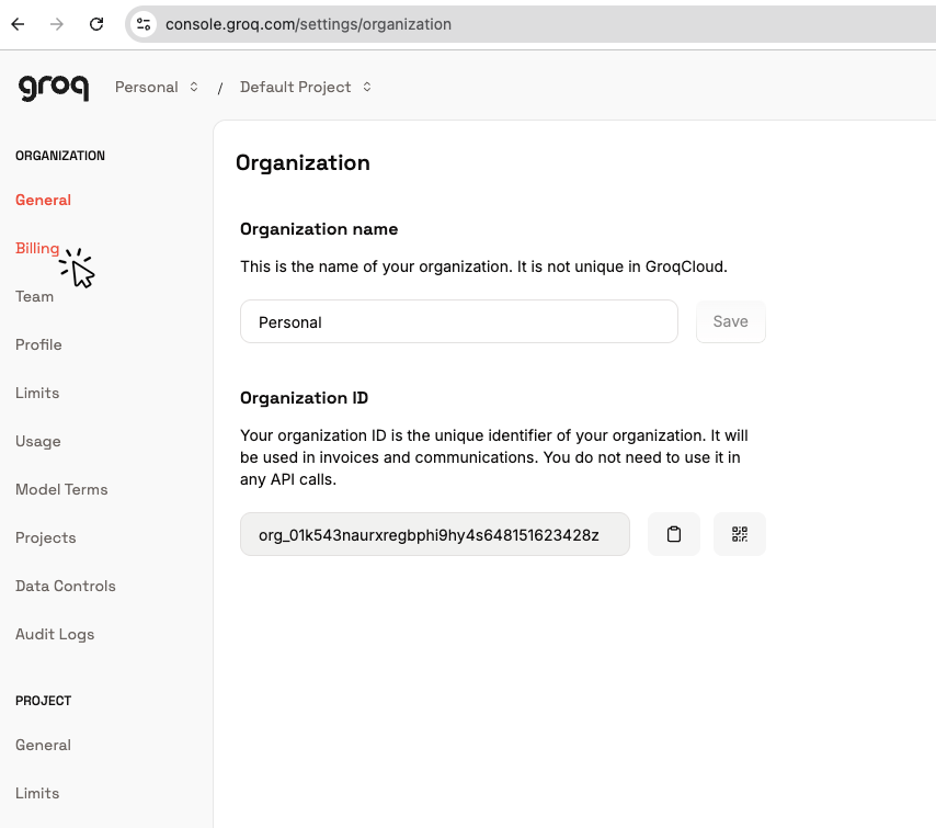 Settings page showing the Organization sidebar with the Billing item