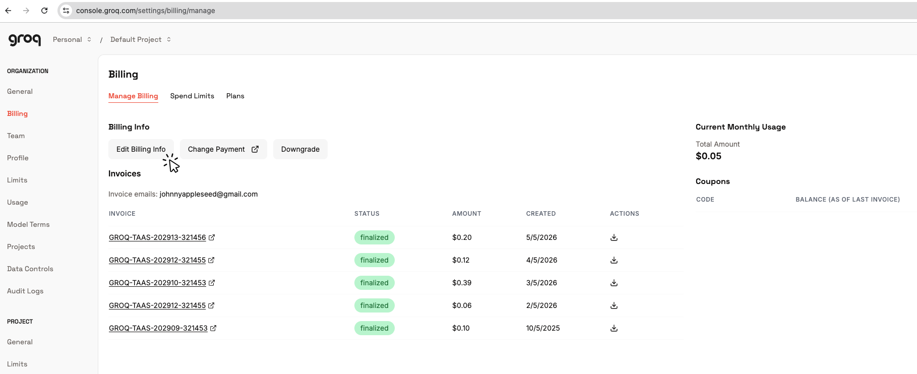 Billing page with Edit Billing Info and Change Payment buttons
