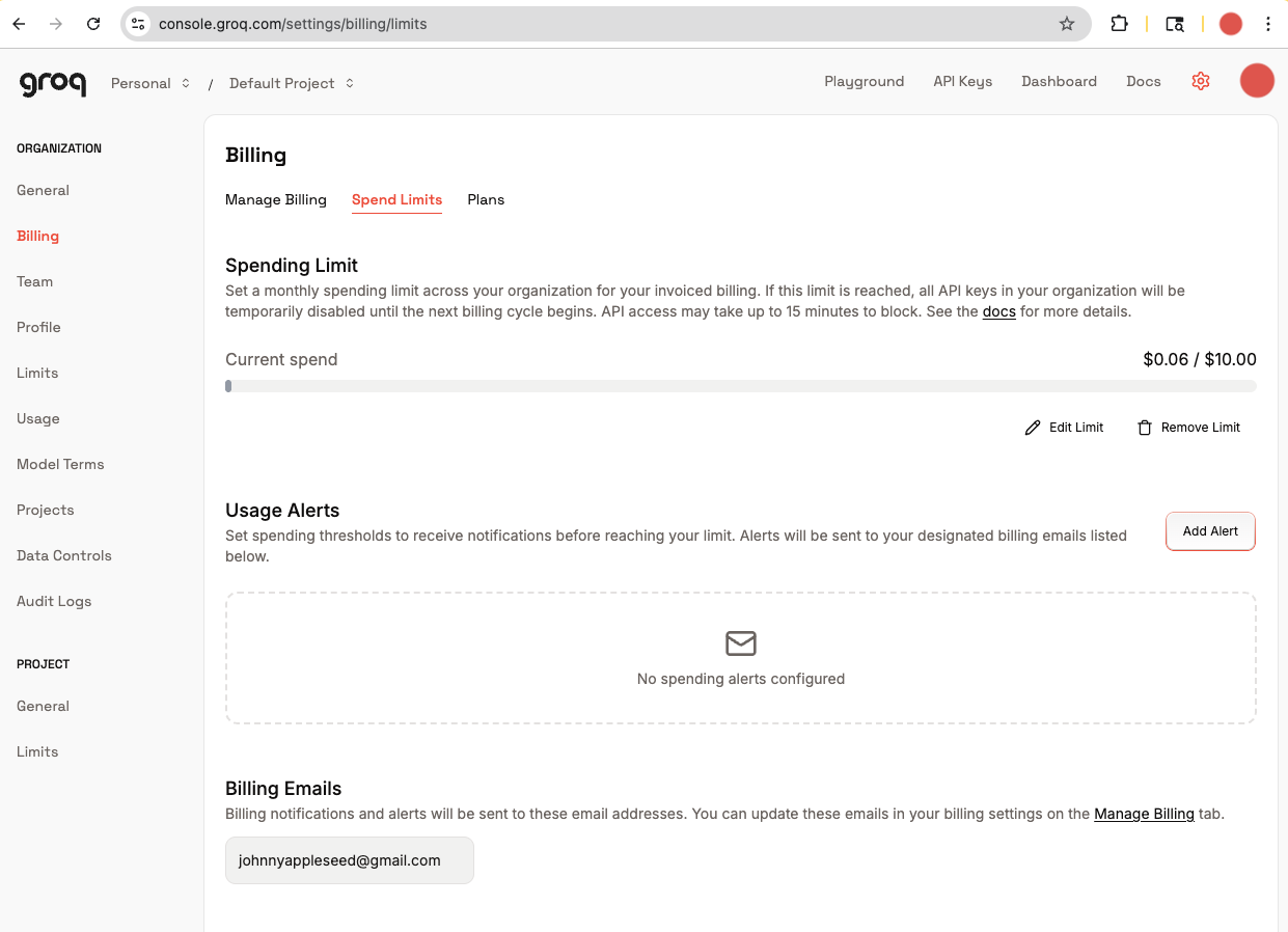 Spend Limits tab with the Spending Limit slider and Usage Alerts section