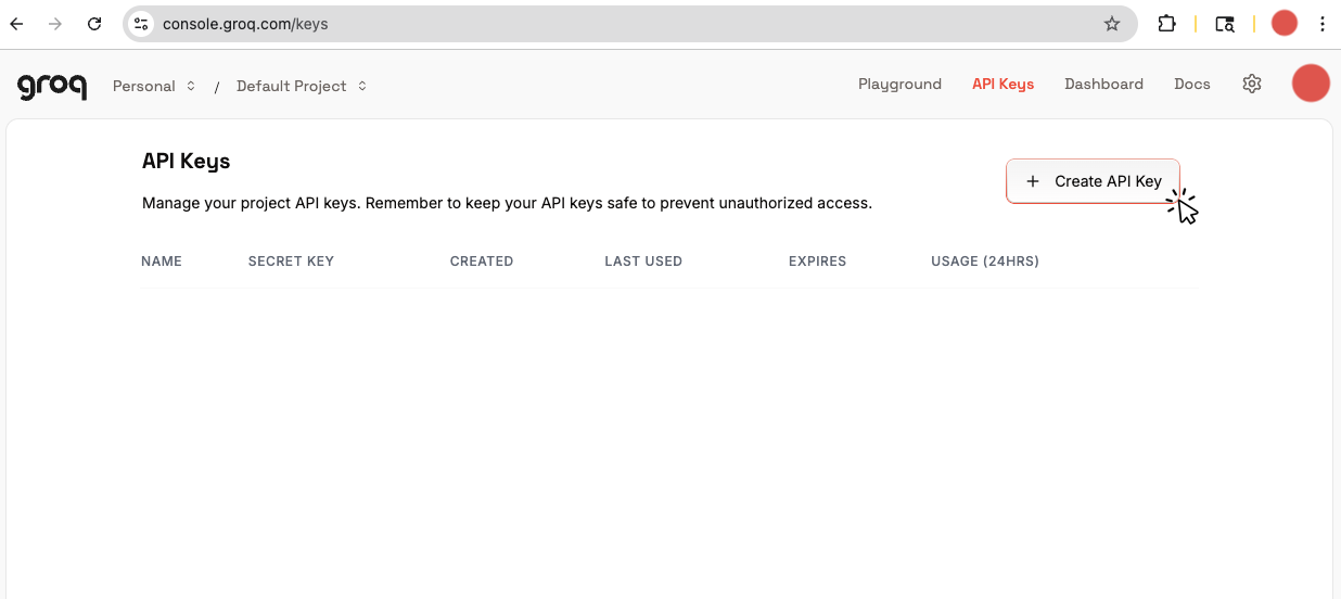 API Keys page with the Create API Key button