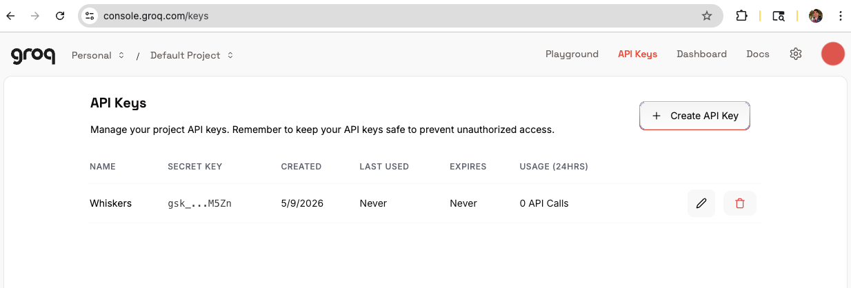 API Keys list showing the newly created Whiskers key
