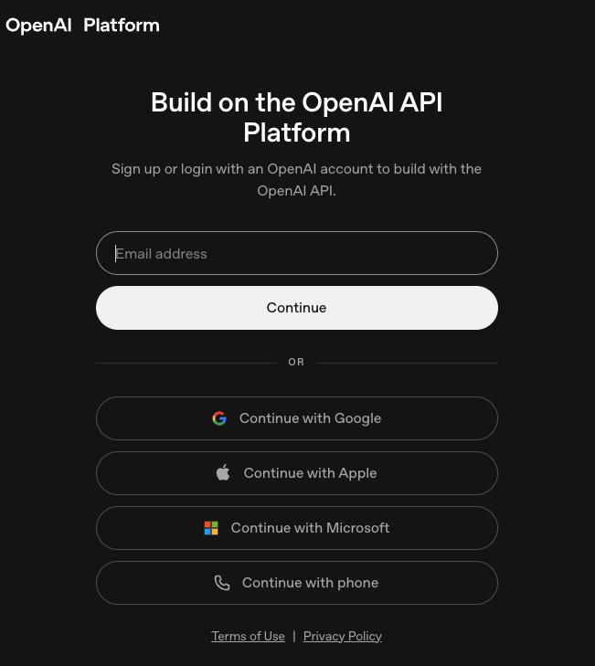 OpenAI Platform sign-in page with email, Google, Apple, Microsoft, and phone options