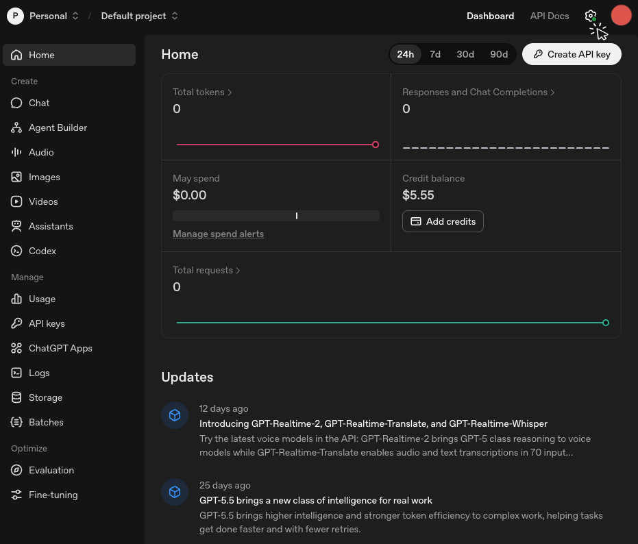 OpenAI Platform dashboard with the Settings gear highlighted in the top navigation
