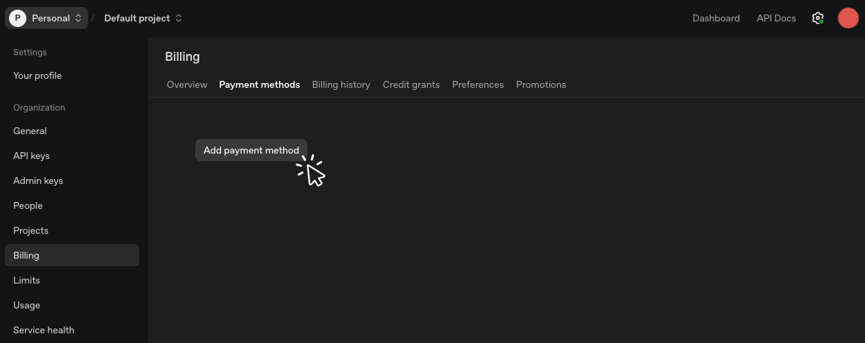 OpenAI Platform Billing settings showing the Payment methods tab and Add payment method button