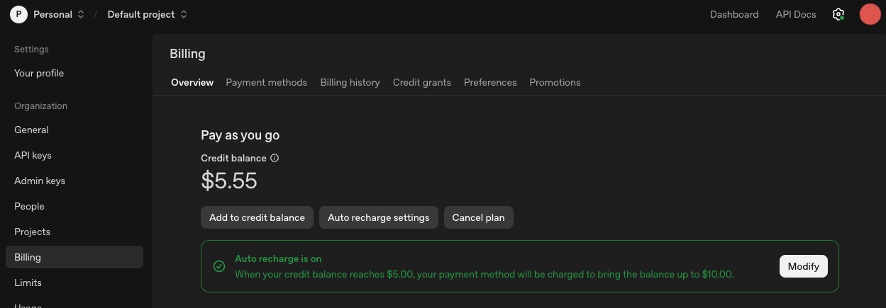 OpenAI Platform Billing overview showing credit balance, Add to credit balance, and Auto recharge settings