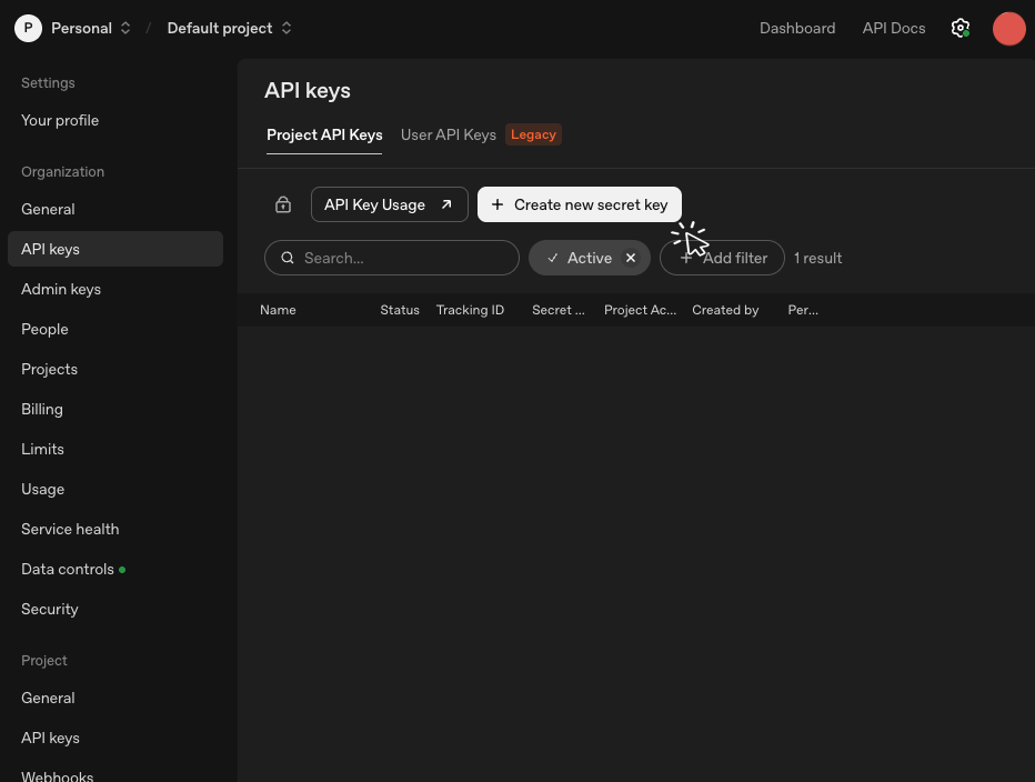 OpenAI Platform API keys page with the Create new secret key button highlighted