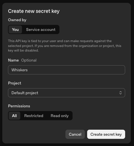 Create new secret key dialog with Name set to Whiskers, Default project selected, and All permissions selected