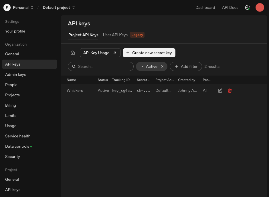 OpenAI Platform API keys list showing the newly created Whiskers key
